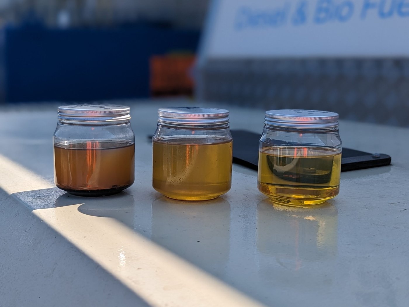 Contaminated fuel next to polished fuel